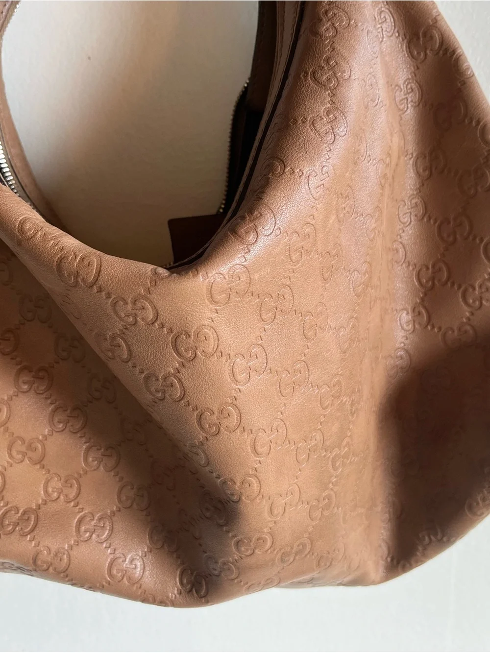 Gucci Guccisima Tan Beige Embossed Leather One Strap Hobo Purse Silver Hardware